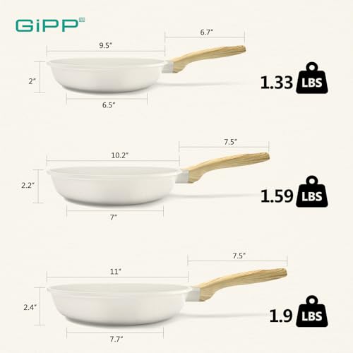 Image of GiPP Non Stick Frying Pan Set - 9.5 inch 10.2 inch 11 inch Granite Nonstick Pan Skillet, Non Toxic Pans for Cooking, Omelette Pans with Stay Cool Handle, Induction Compatible, PFAS /PTFE /PFOA Free, White