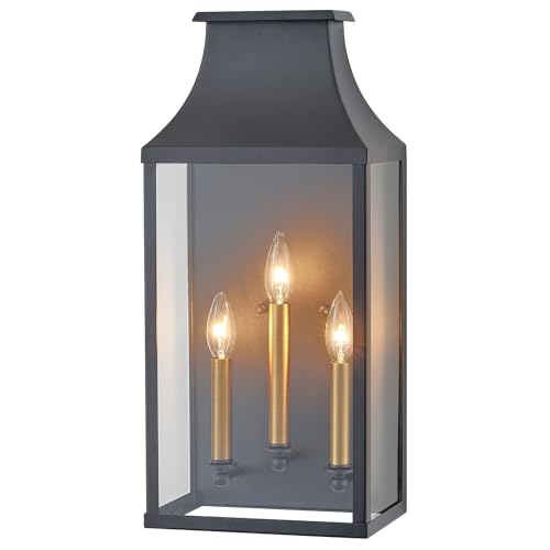 Image of 21 inchLarge Classic Outdoor Wall Lantern Light For House Exterior,Handcrafted Satin Black Metal Cage Mounted Pocket Wall Sconce W /Clear Tempered Glass,Waterproof for Porch, Patio, Garage&Front Door E12
