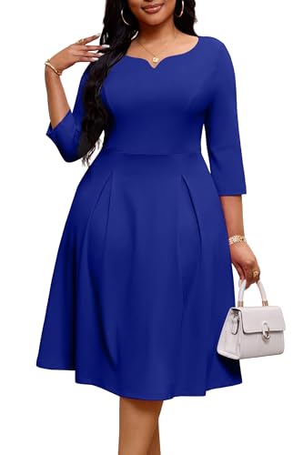 Image of Nmoder Fit-and-Flare Midi Dress V-Notch Neck Casual Dress Side Pockets | V-notch neckline;A-line swing silhouette; Soft breathable fabric; Perfect for church wedding guest work daily wear