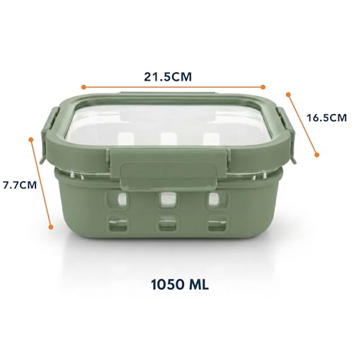 Image of Griplok Glass Lunch Box with Leakproof Lid, Borosilicate Food Storage Container with Silicone Sleeve, Airtight, Microwave /Dishwasher Safe (Forest Green, 2x1050ml)