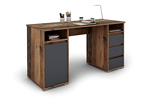 byLIVING Schreibtisch Lobo/Arbeits-Tisch in Altholz-Look/Computer-Tisch mit 3 Schubladen, 1 Tür und 2 offenen Fächern/Große Arbeits-Fläche 138 x 55cm / Bürotisch / 138x75x55 cm (BxHxT)