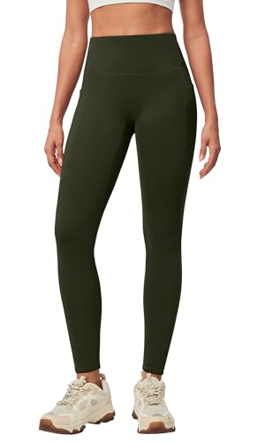 IUGA Women's Fleece Lined Leggings with Pockets Winter Warm Thermal Leggings for Women High Waisted Yoga Pants Dark Olive