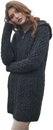 SAOL 100% Merino Wool Aran Irish Cardigan for Women with Pockets, Hood and Celtic Zipper (Charcoal, XX-Large)