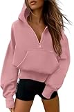 Womens Quarter Zip Cropped Hoodies Jackets Half Zipper Long Sleeve Hoodie Sweatshirts Fashion Hooded Pullover Tops (Pink,Small)