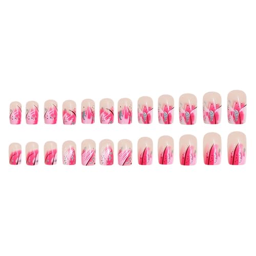 Uñas postizas acrílicas con punta francesa, diseño de flores, juego de uñas postizas cuadradas brillantes, cobertura completa, uñas artificiales, 24 unidades