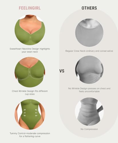 Image of FeelinGirl Short Sleeve Shapewear Bodysuit for Women V Neck Tummy Control | Sweetheart Neckline, Seamless, Going Out Tops, Thong, Plus Size, Soft