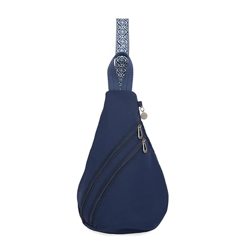 Sakroots On The Go Sling Backpack in Eco Twill, Adjustable Sling Strap, Dark Blue