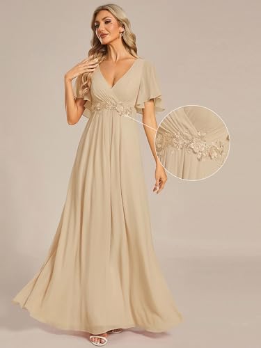 Image of Ever-Pretty Womens V Neck Applique Mother of the Bride Dresses Formal Dress | Chiffon, Short Sleeves, Ruched, A-Line, Bridesmaid Dresses, Formal Gown, Black Tie Dress