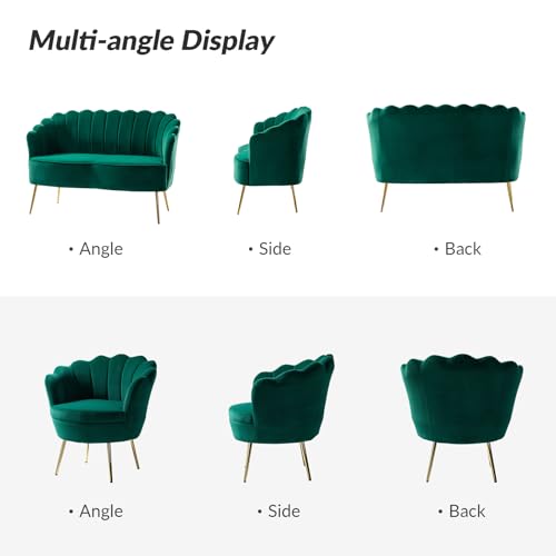Image of HULALA HOME 3 Piece Velvet Living Room Furniture Set, Including Loveseat & 2 Sofa Chairs, Modern Comfy Upholstered 2-Seater Sofa & Accent Chair Set for Bedroom, Flower Shaped Back & Gold Legs, Green