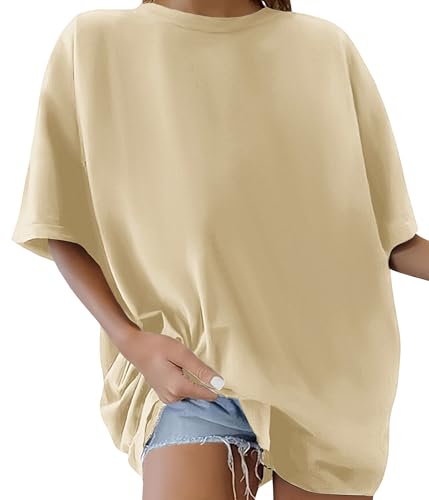 Niwicee Camiseta De Oversize Mujeres De Sólido Camisetas Casual Crew Neck Tunic Tops Señora Loose Fit Manga Corta tee T-Shirt S-XXL(Caqui,S)