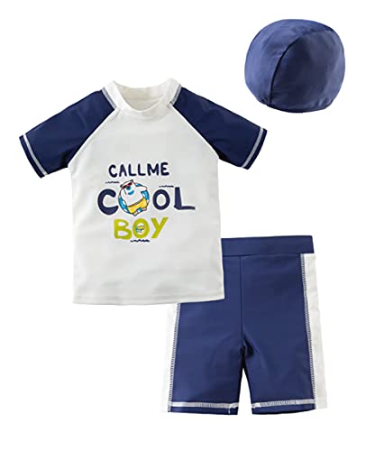 Styles I Love Kid Boys CALL ME COOL BOY Printed Short Sleeve Rash Guard Set and Hat 3pcs White Swimsuit Beach Bathing Suit (4T)