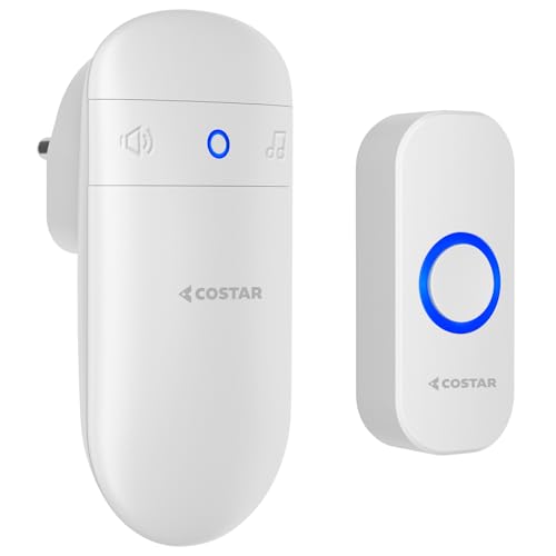 Costar Wireless Door Bell Kits Chime For Home Office With LED Light 300 Meter 1000 Feet Operating Range 32 Ringtones 5 Levels Volume,1 Receiver&1 Push Button Ip44 Waterproof(Pebble T300-M508)