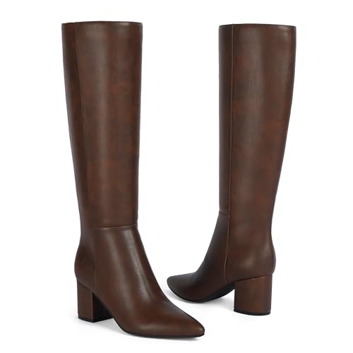 Image of Easyfox Womens Knee High Boots Chunky Low Heel Pointed Toe Tall Long Boots | Balanced Low Block Heel, Sleek Pointed Toe, Anti-slip Rubber Outsole, Fashion Heeled Dressy Fall Winter Long Boots for Women