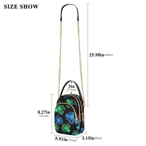 Vibrant Blue Green Octopuses Shoulder Handbags for Women Chain Wallet Cell Phone Purse Floral Print Ladies Tote Crossbody Satchel, 5.9" × 8.3" × 3.1"3