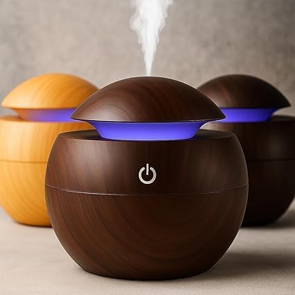 Wooden Cool Mist Ultrasonic Humidifier and Essential Oil Diffuser, Wood Brown, Spherical Design, 200ml Capacity, USB Powered, LED Night Light, Touch Control-image-25