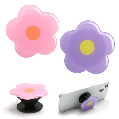 Cute 2D Colourful Daisy Flower Shape Collapsible Expandable Multi Functional Mobile Phone Grip Stand Holder for Smartphone Kindle Tablet Cell Phone Accessory, Comfortable Touch (Violet + Pink)