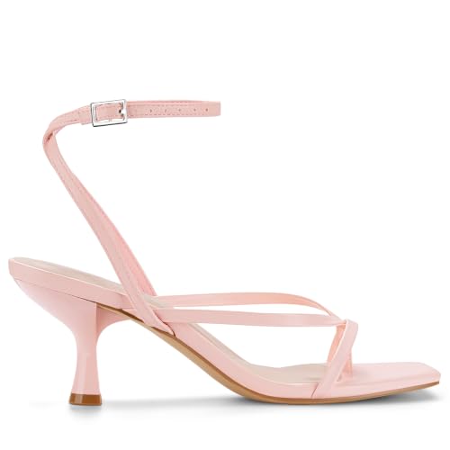 Image of Women's Kitten Heel Strappy Open Square Toe Thong Ankle Strap Heels for Wedding