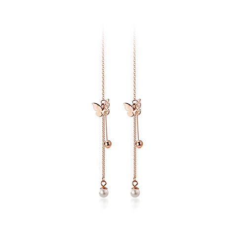 Butterfly Tassel Threader Earrings S925 Sterling Silver For Women Girls Delicate Pearl Danling Charm Ball Bead Long Chain Dangle Drop Earring Fashion Jewelry Gifts Sensitive Ears (Rose Gold) #TOP11