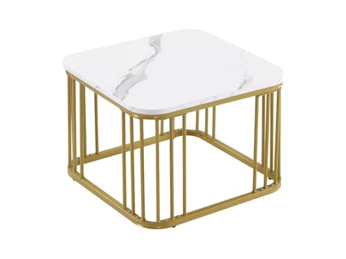 Image of Square Nesting Table Set of 2 for Living Room, Room Decoration Item for Bedroom, Coffee & Side Table with Marble MDF White Top and Iron Base (White Gold)