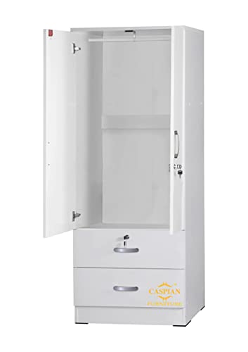 Image of CASPIAN Engineered Wood 2 Door Wardrobe (White) | Pre Assembled Home Furniture with Hanging Space | Cupboard /Almirah for Bedroom Clothes Storage Organizer with Removable Shelves & Drawers