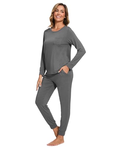 Image of GYS Bamboo Viscose Sleep Sets for Women Long Sleeve Crew Neck Pajama Sets with Pockets