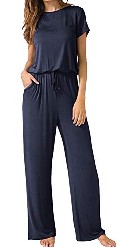 Artfish Women Casual Loose Wide Legs Jumpsuit Short Sleeve Pants Romper with Pockets Navy,S