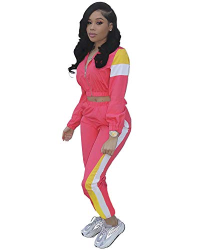 Tracksuit Sets for Women Casual Color Block Two Piece Outfits Crop Tops Jacket Bodycon Pant Joggers Sportwear Pink XXL