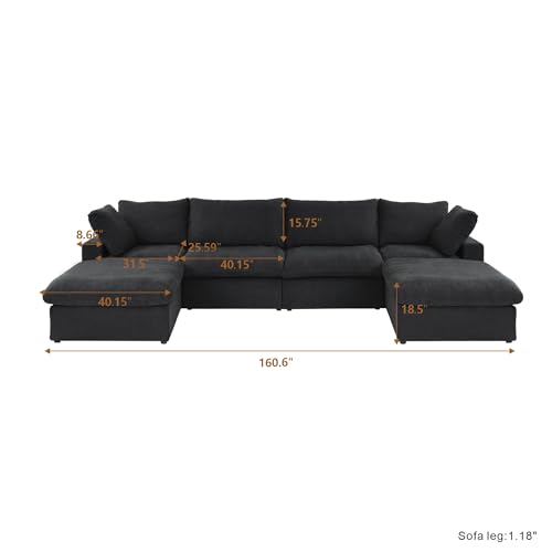 Cloud Couch Modular Sectional Sofa with 2 Storage Ottomans,160.6" U Shaped Couch,6 Seater Minimalist Wide Deep Seat Convertible Couches, Covers Washable&Replaceable,Black