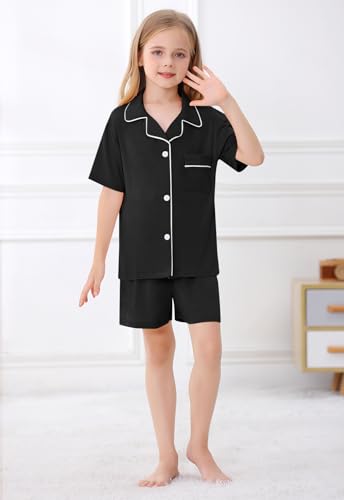Umeyda Girls Modal Button Down Pajamas Set, 2Pj Nightwear Sleepwear for Teen Kid 2 Pcs Loungewear, Black, 11-12 Years = Tag 1603
