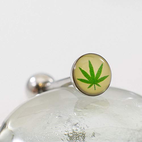 Bodyjewelryonline Tongue Barbell Ring, Pot Leaf Design [White/Green], 14 Gauge (1.6 Mm), Surgical Steel, 6Mm Ball Closure, Logo Size: 7Mm, 15Mm Shaft Length, Lightweight, Hypoallergenic #TOP3