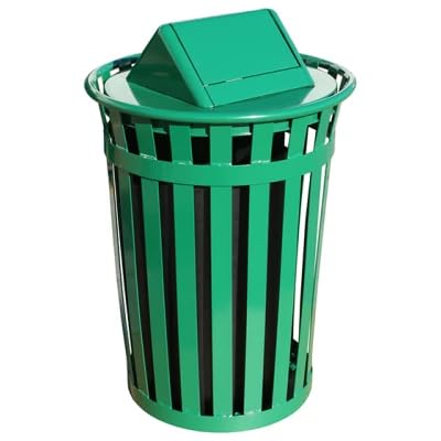 Oakmont Round 36 Gallon Commercial Trash Can | Steel Outdoor Industrial Trash Can with Swing Top | Great for Outdoor Public Spaces - Black