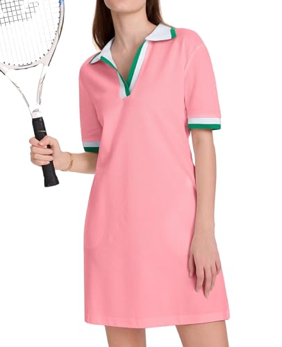 Image of WOWULOVELY Polo Dress for Women V Neck Casual Short Sleeve Mini Shirt Dress Flowy Contrast Color Golf Tennis A Line Dresses