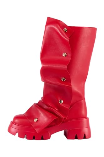 Atuelang Women's Slouchy Fold Over Platform Boots Mid Calf Pull On Fashion Snap Button Boots