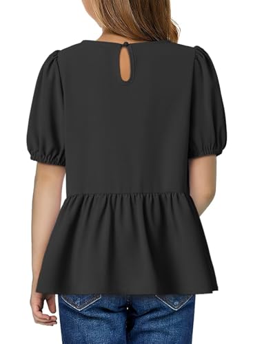 Girls Shirts Cute Puff Sleeve Bow Tie Front Tops Crewneck Babydoll Peplum Blouse 6-15 Years2