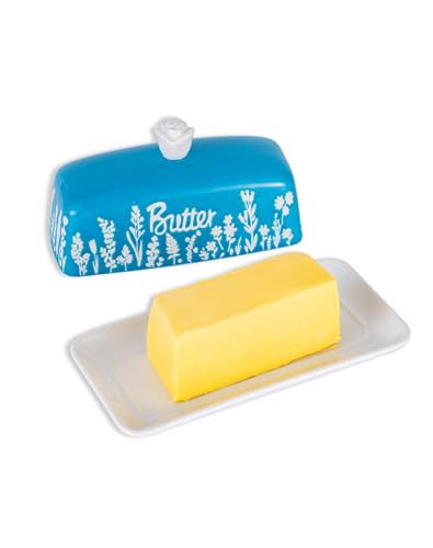 TEATALK Ceramic Butter Dish with Lid, Decorative Floral Design, Butter Keeper for Countertop,Blue