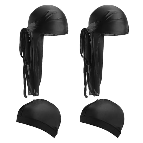 2 Sombreros Durag y 2 Sombreros Redondos, Sombrero de Seda y Satén, Bandana Pirata, Tocado Elástico de Seda para Dormir (Negro)