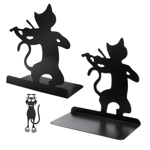 Resszo 2 Stück Buchstützen Metall, Schwarz Bücherstützen mit 1 Katzen Lesezeichen, mit Kätzchen Design, Buchstütze für Büro Schule Zuhause Leseständer...