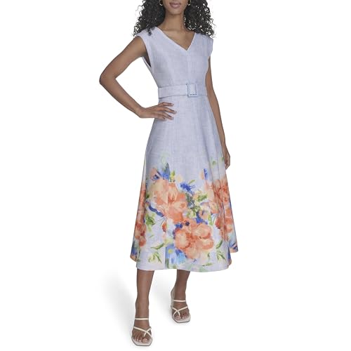 Image of Calvin Klein Women's Sleeveless V-Neck Belted A-Line Midi Dress