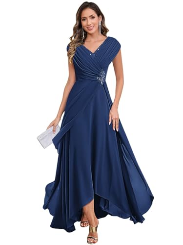 Beaded Mother of The Bride Dresses with Cape Sleeves V Neck Chiffon Pleated Tea Length Formal Evening Gown