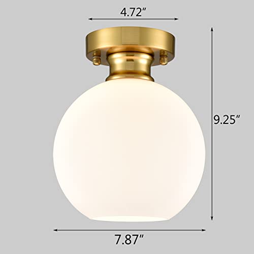 Image of Gold Semi Flush Mount Ceiling Light with Milk Opal Glass Shade | Opaque Ceiling Light Fixture with Hand-Blown Glass, Impurity-Free, Quick Installation for Living Room Bedroom Hallway