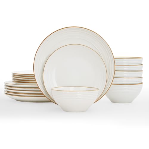 Jupiter Plates and Bowls Set, Reactive Glaze Dinner Sets for 6 People, 18 Pieces Stoneware with Gold Rim, Scratch Resistant Dinnerware Service for 6, Microwave & Dishwasher Safe, White