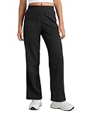 CRZ YOGA Lightweight Girls Casual Straight Leg Pants - Lounge Workout Ruched Sweatpants with Pockets Drawstring Kids Teen Black Medium