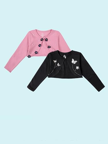 Image of KiddoPanti Girls Fleece Crop Length Shrug | Cotton Poly Fleece Fabric |Sequin Patch on Chest | Front Open Pearl Button Closure | Crop Length, Full Sleeve | Lightweigth & Breathable Girls Shrug
