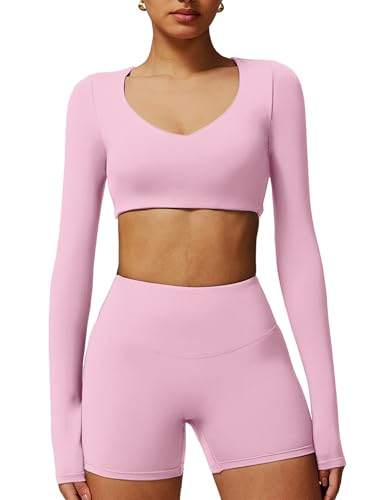 Image of ABOCIW Women Square Neck Long Sleeve Workout Crop Top Low Medium Impact Athletic Yoga Gym Shirts with Built in Bra(ONLY TOP)