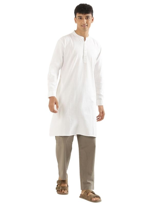 Image of SAADAA Men's Long Kurta - Linen Cotton Blend, Airy Fabric, Regular Fit, Mandarin Collar, Solid Color - Casual, Festive & Ethnic Wear