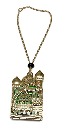 Islam Car Rear Mirror Hanging Decorative Ornament Vehicle Decor AMN-356 Mini Al-Quran in Metal Cage Masjid Mosque Design Pendant Ramadan Eid Muslim Gift (Gold/Green)