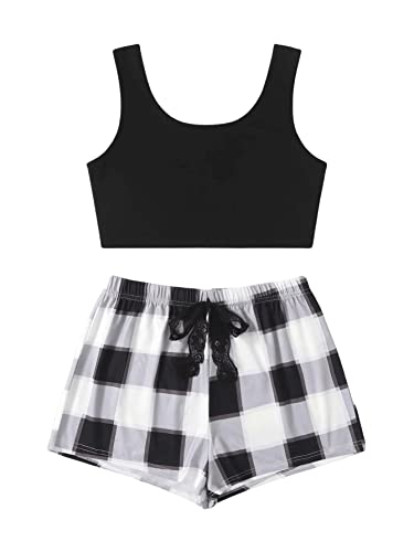 Sweatyrocks Women's 2 Piece Pajama Set Crop Tank Top And Plaid Shorts Loungewear Black White S #TOP26
