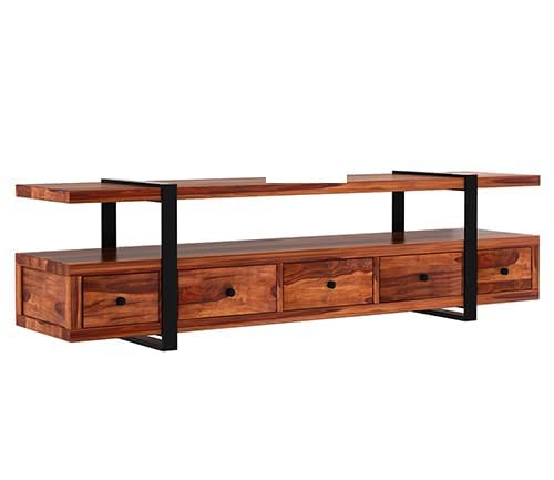 Image of Rustic Sheesham Wood & Metal TV Unit with 5 Drawers, 1 Shelf, and Storage for up to 70-Inch TV - Perfect for Living Room (George, Honey Finish)
