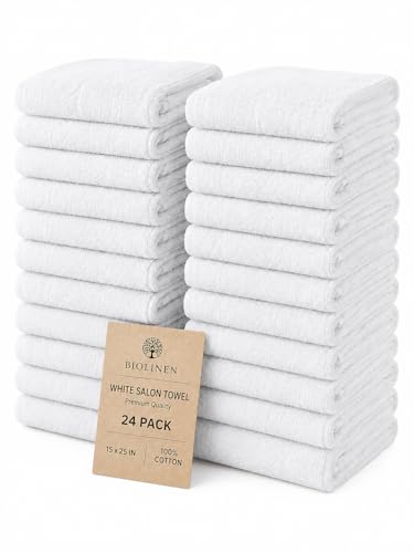 BIOLINEN Salon Towels 24 Pack White 15x25 100% Cotton Hand Towels for Bathroom Bleach Resistant Barber Esthetician Spa Gym Towels Super Absorbent