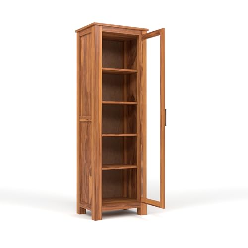 Image of Solid Sheesham Wood Bookshelf with Acrylic Glass Door | Rosewood Kitchen Cabinet with Storage Shelves for Dining Room & Office (A-Natural Finish)